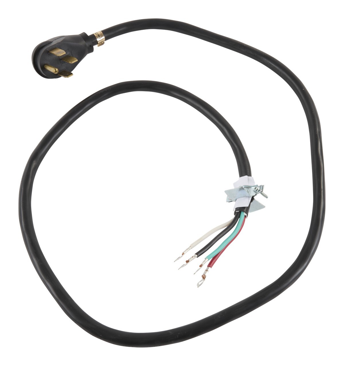 6' Electric Range Power Cord, rated 40 A, 4-wire 4-ring terminal connectors, and right-angle 4-prong plug - Black