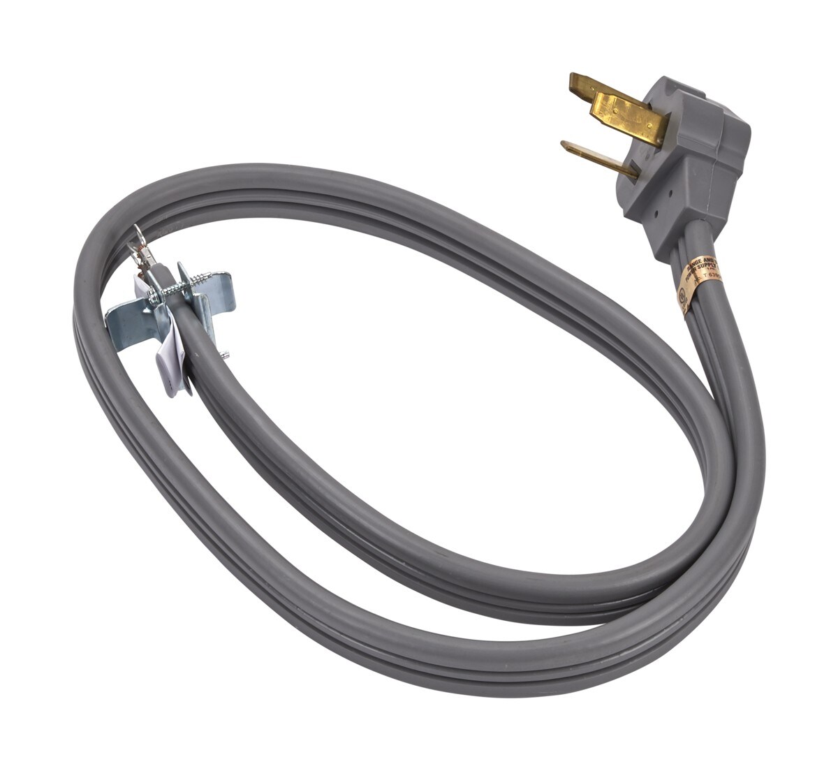 4' Electric Range Power Cord rated 50 A, with 3-wire 3-ring terminal connectors, and right-angle 3-prong plug - Grey